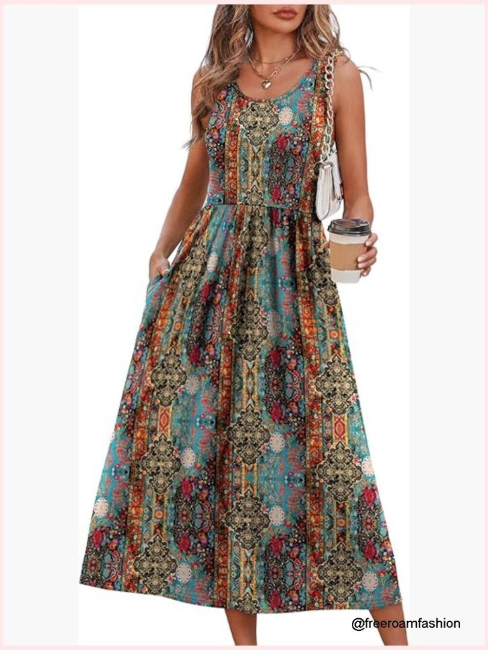 Flowy Midi Dress with Pockets, Casual Summer Beach Vacation Sundress